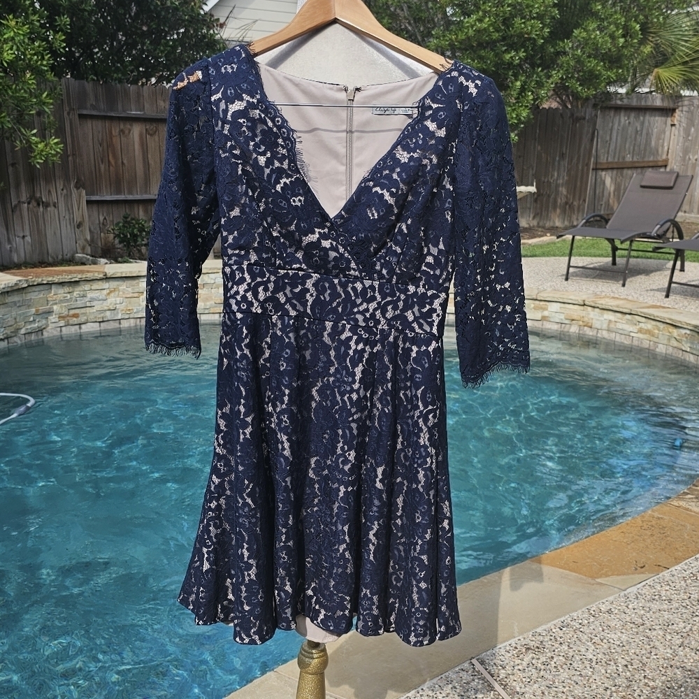 Nwot ElizaJ lace dark blue lined dress 4